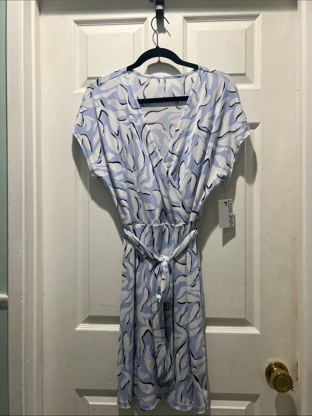 Nine West Blue and White Printed Midi Wrap Dress